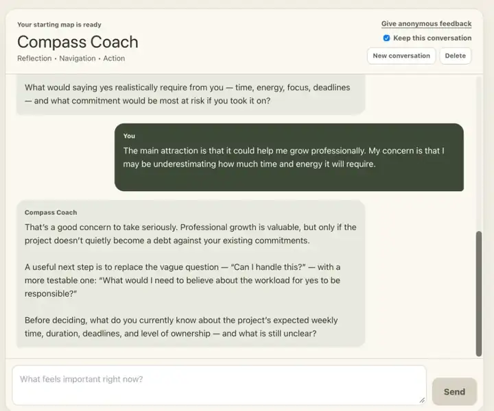 Compass Coach interface showing a real coaching conversation